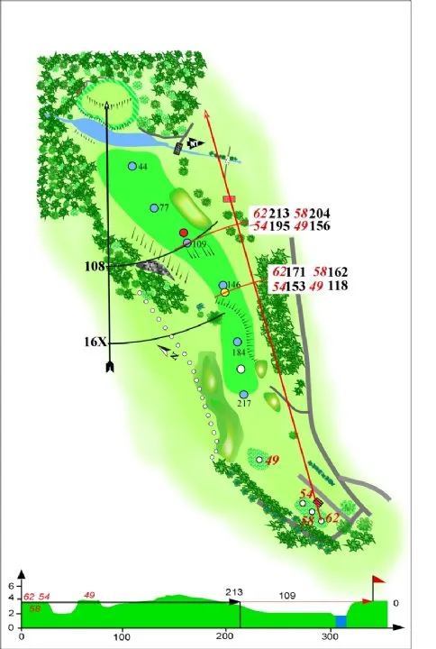 Hole 10 at Borre Golf Club with fairway, stream and forest terrain
