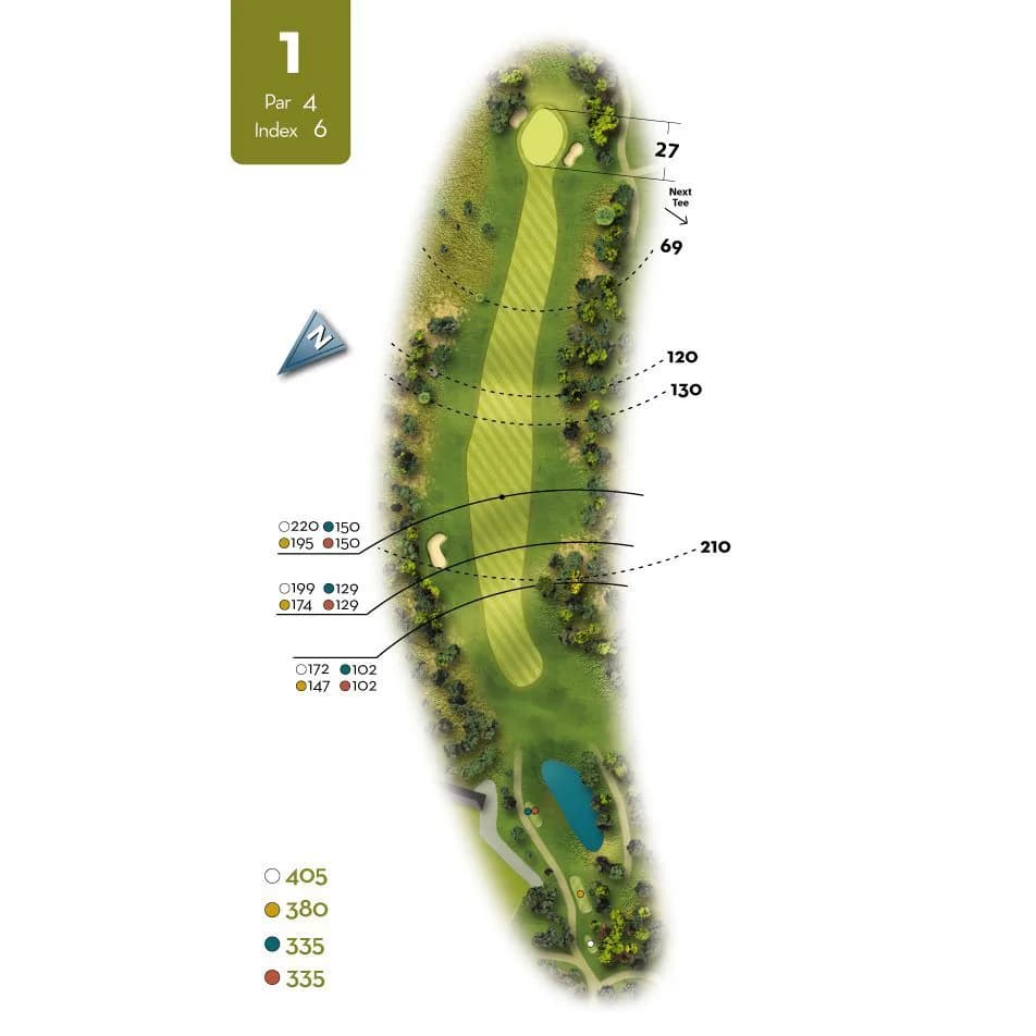 Aerial photo of hole 1 at Elverum Golf Club with fairway and green