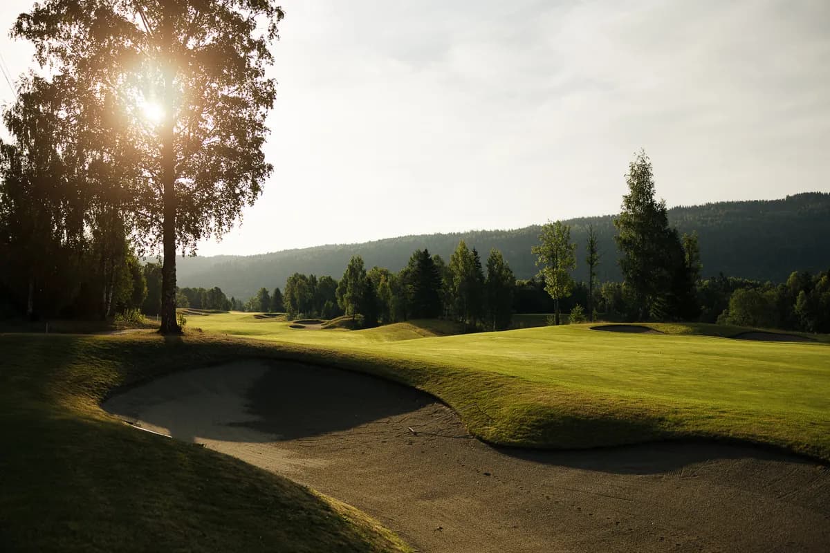 Bunkers and fairway at Holtsmark Golf Club in evening sun with birch trees and hills in the background