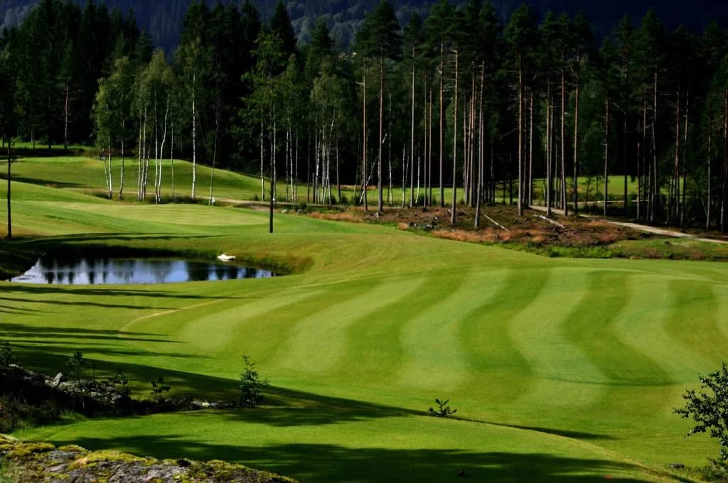 Hole 1 opening hole at Kongsvinger Golf Club with wide fairway and natural forest terrain
