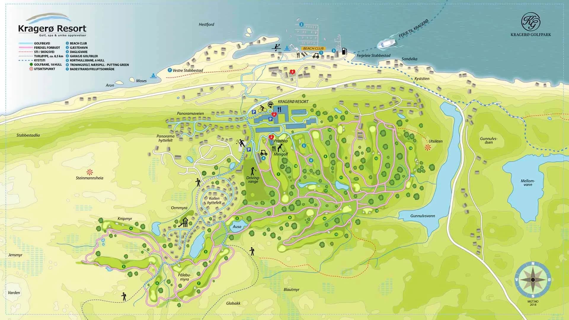Overview of Kragerø Golf Club with clubhouse, fairways and scenic landscape