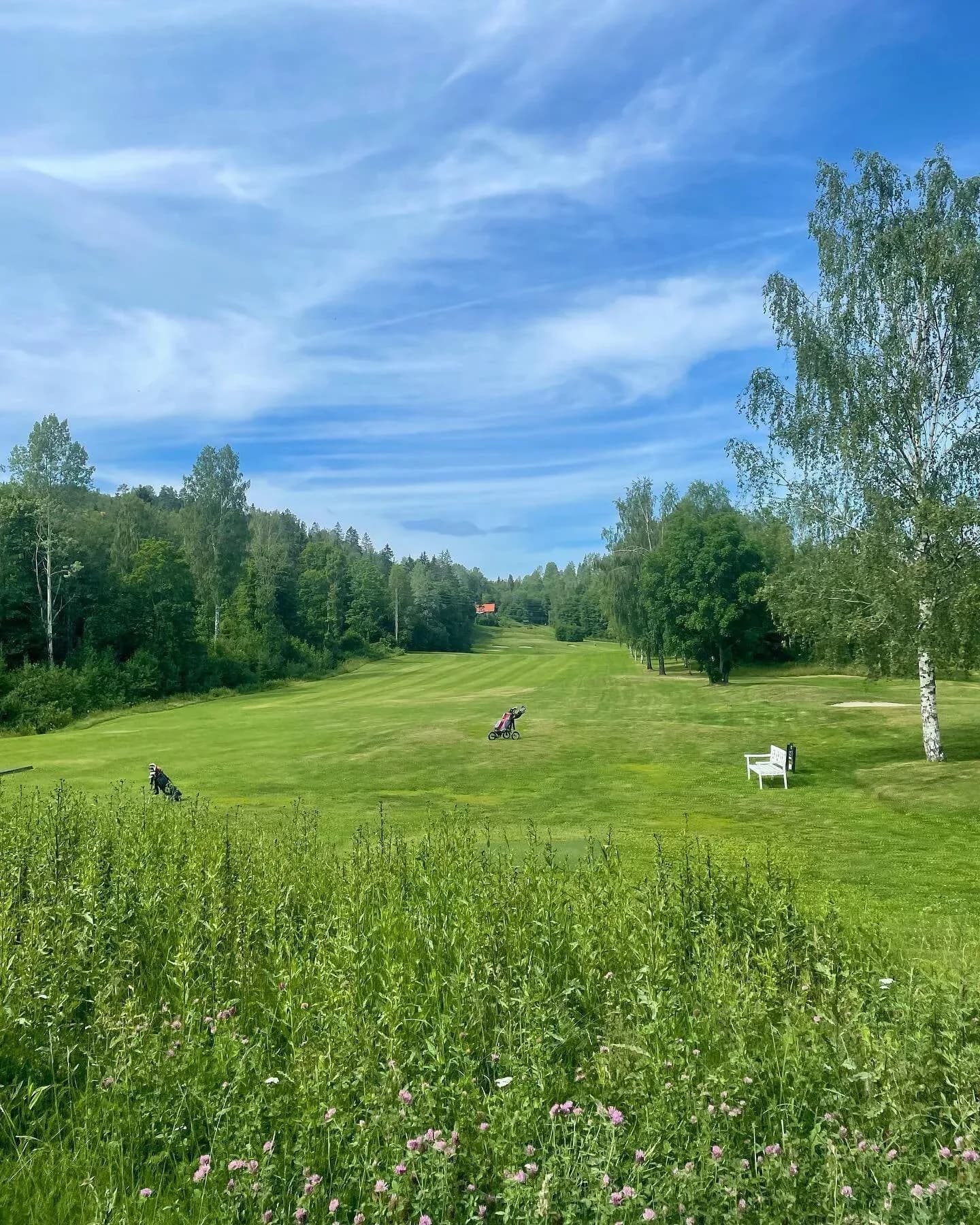 Fairway at Lommedalen Golf Club with golf bag, grass and trees under blue sky with clouds