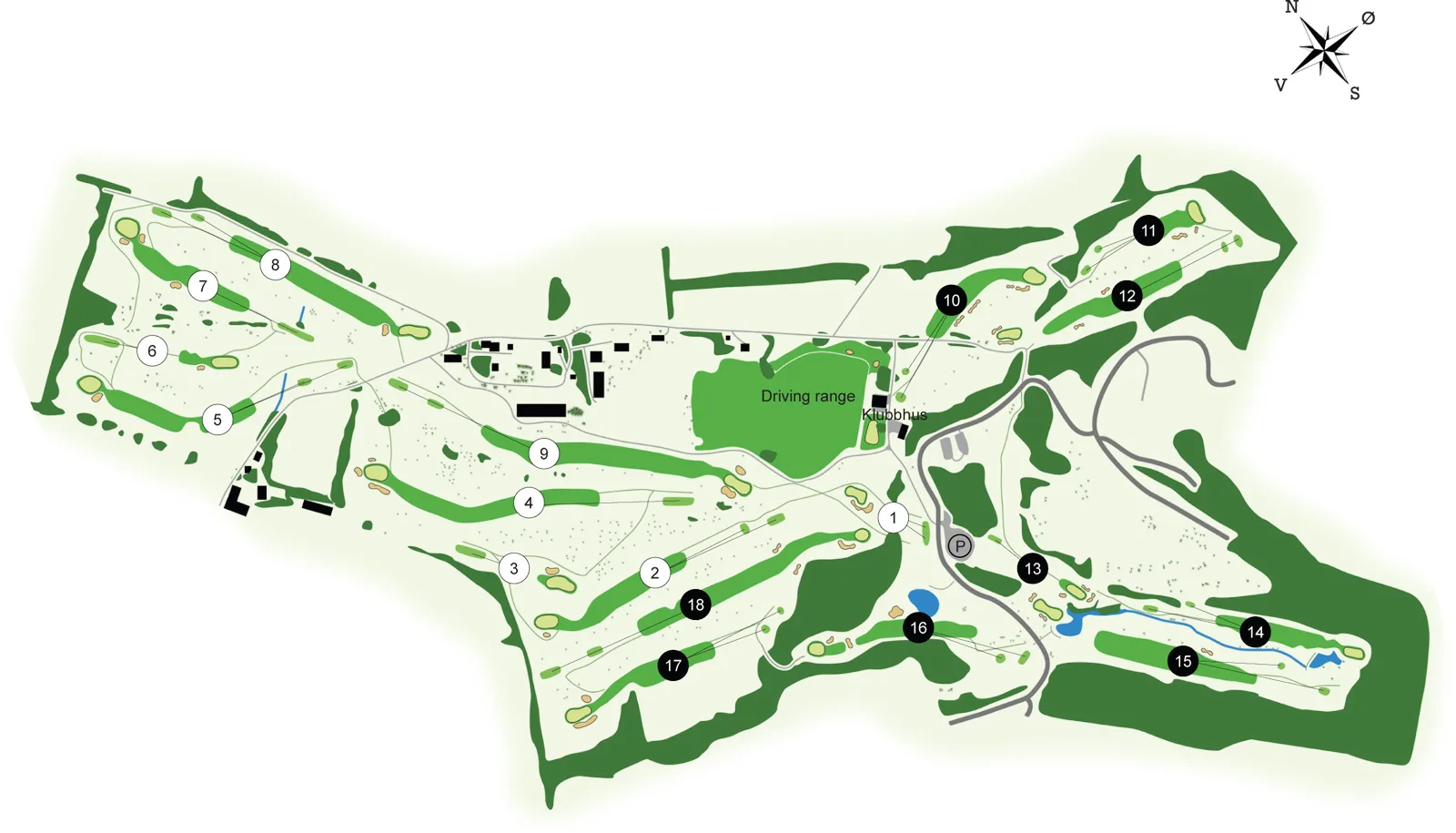 Course map of Mjøsen Golf Club's 18-hole course by Lake Mjøsa with fairways and greens