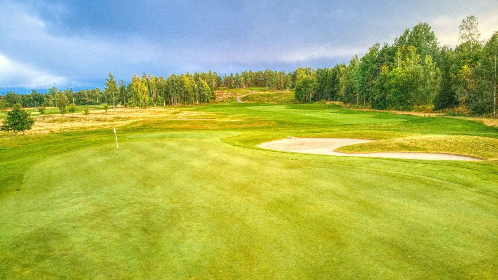 Aerial view of Nøtterøy Golf Club with fairways and greens in forest landscape on Nøtterøy