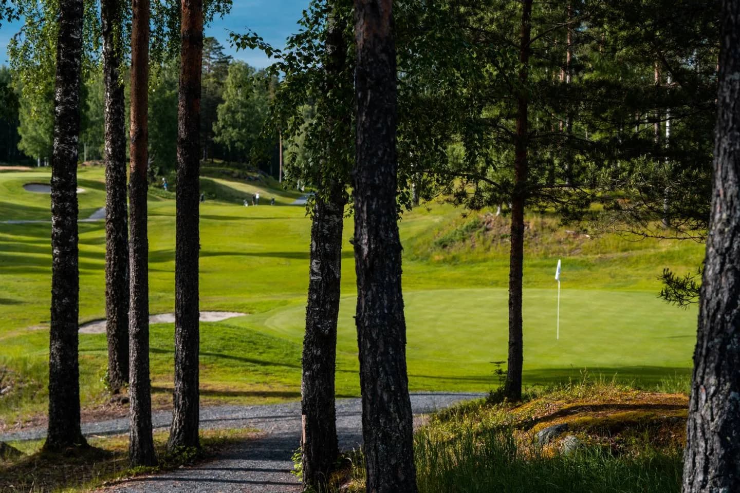 View through trees toward green with flag at Oppegård Golf Club in scenic forest terrain