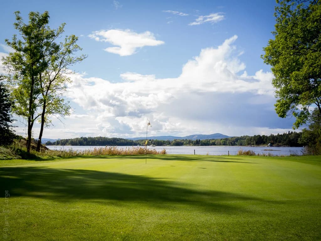 Hull 3 på Oustøen Country Club med fairway og karakteristisk trestamme på øya i Bærum