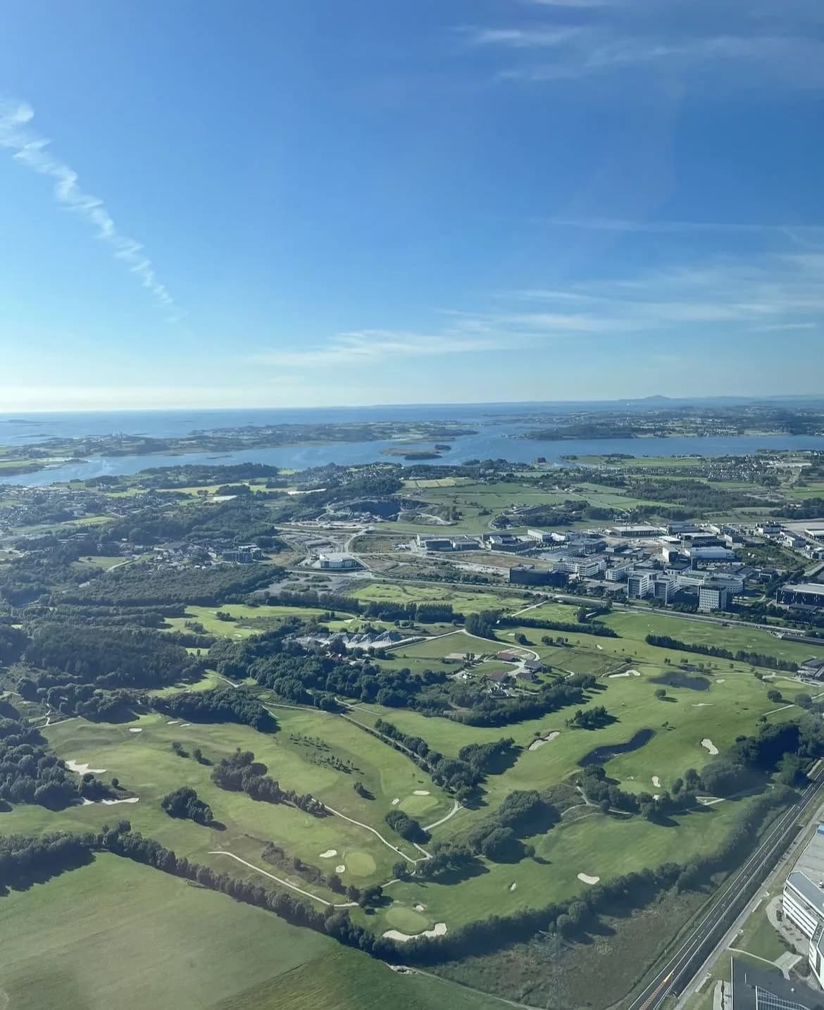 Aerial view of Sola Golf Club with ocean and coastal landscape in Rogaland