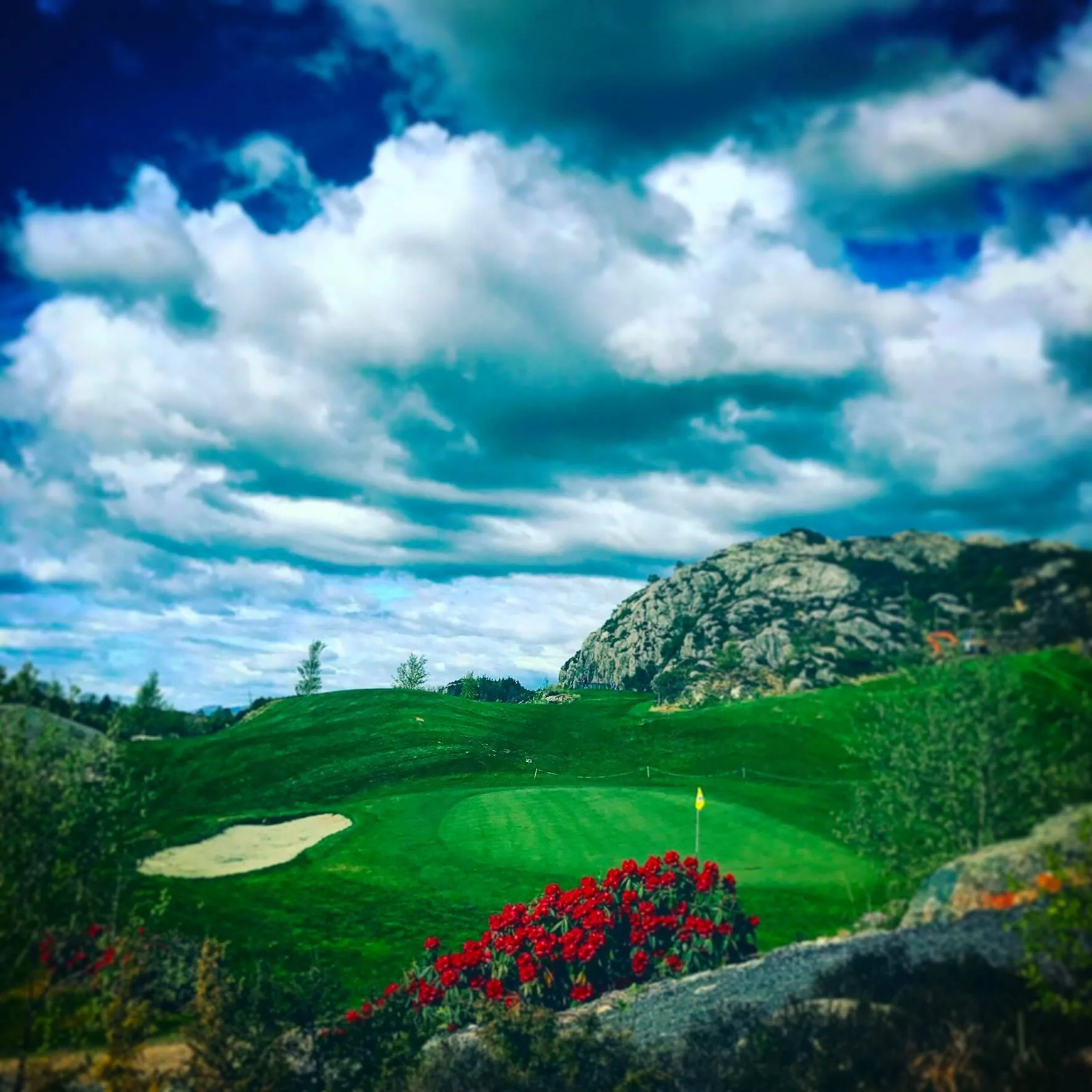 Hole 3 at Sotra Golf Club with green, flag and forest terrain on Sotra in Vestland