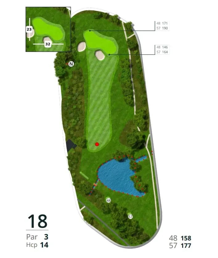 Hole 18 at Tromsø Golf Club, finishing hole with clubhouse and spectacular fjord views