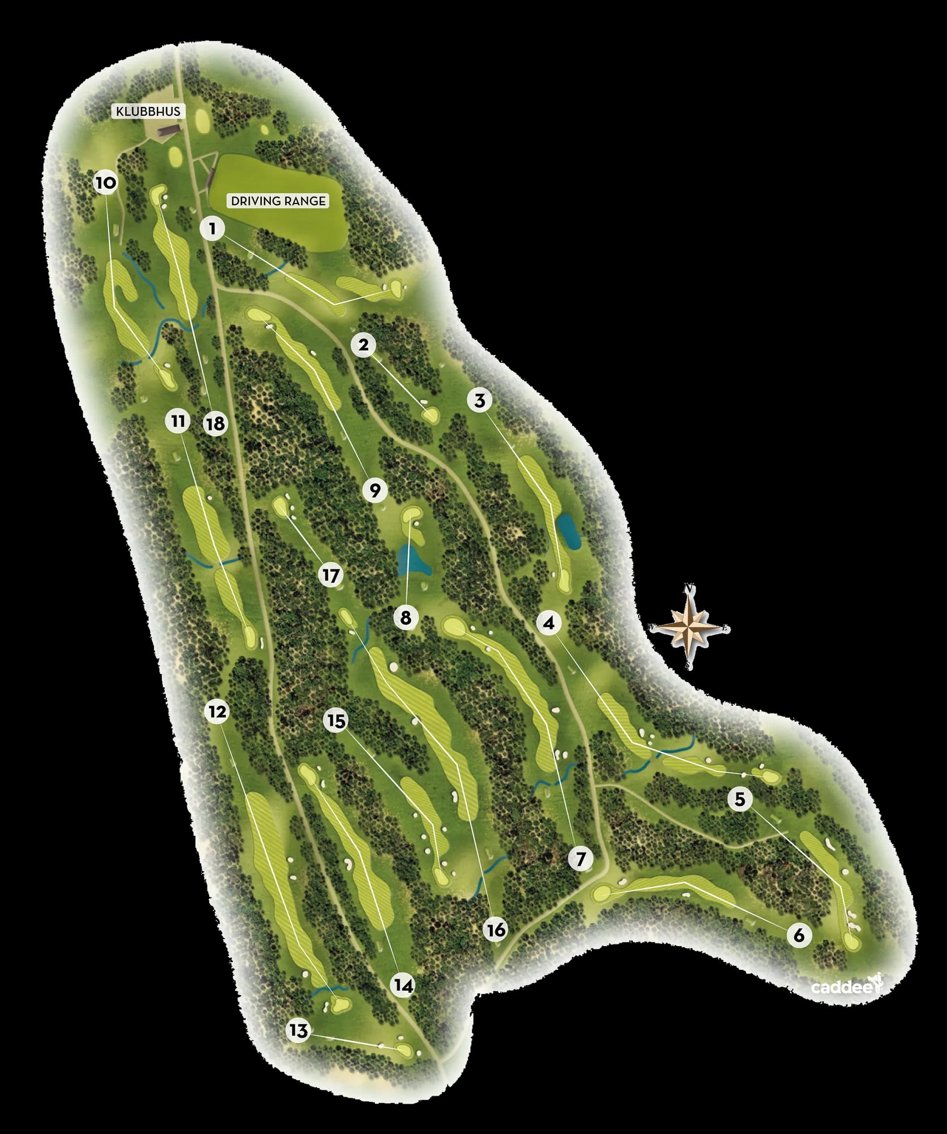 Course map of Trysil Golf Club showing all 18 holes and layout of the par 72 course