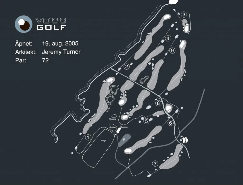 Aerial view of Voss Golf Club with 9-hole course surrounded by forest and mountains at Voss